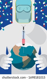 The doctor in protective suit vaccinate the Covid-19 vaccine to the world to save the humanity.