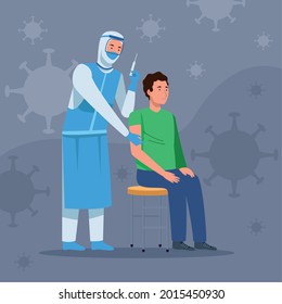 Doctor in protective suit vaccinating boy on purple background