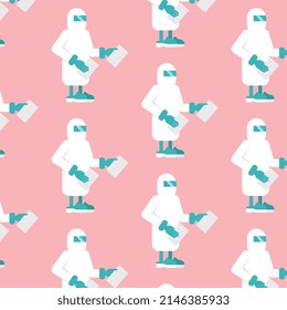 Doctor in protective suit, vector pattern and pink background for commercial use.