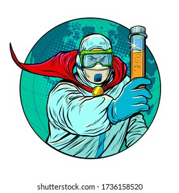 A doctor in a protective suit with a virus vaccine. Coronavirus epidemic covid19. Pop art retro vector illustration 50s 60s style