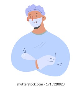 Doctor in protective suit, wearing medical face mask and gloves, protection against covid infection, kind therapist, cute cartoon character, professional medical staff in uniform