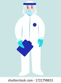Doktor in Schutzuniform mit einem Ordner in der Hand. Virenschutz. Vektorgrafiken.
