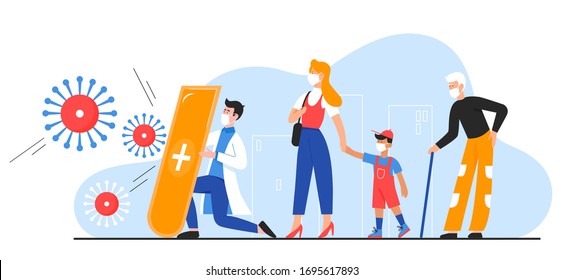 Doctor Protects People From Coronavirus Character Flat Vector Illustration Concept. Man In Hospital Gown With Shield Cares Woman, Kid And Grandfather, In Medical Masks. Covid19 Poster, Web Banner