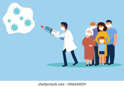 The doctor protects the people, the family from the coronovirus. The concept of getting rid of the global pandemic. The vaccine saves humanity. Immunity against the disease. Vector graphics