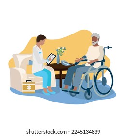 Doctor provide medical care to an elderly patient at home. Call an ambulance at home. Thank you doctors and nurses for saving lives. Vector illustration.