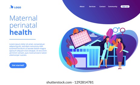 Doctor provides health services to pregnant woman and during labour. Maternity services, maternal perinatal health, pregnancy and birth care concept. Website vibrant violet landing web page template.