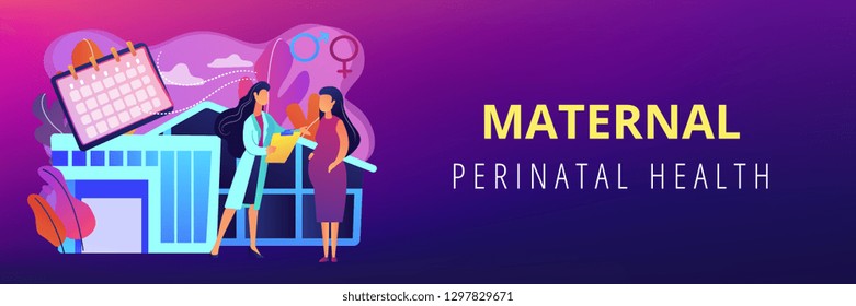 Doctor provides health services to pregnant woman and during labour. Maternity services, maternal perinatal health, pregnancy and birth care concept. Header or footer banner template with copy space.