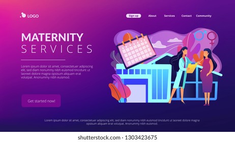 Doctor provides health services to pregnant woman and during labour. Maternity services, maternal perinatal health, pregnancy and birth care concept. Website vibrant violet landing web page template.