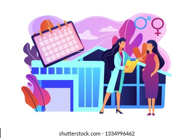 Doctor provides health services to pregnant woman and during labour. Maternity services, maternal perinatal health, pregnancy and birth care concept. Bright vibrant violet vector isolated illustration