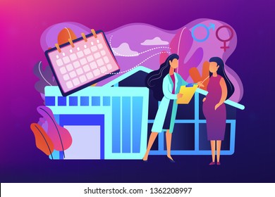 Doctor provides health services to pregnant woman and during labour. Maternity services, maternal perinatal health, pregnancy and birth care concept. Bright vibrant violet vector isolated illustration