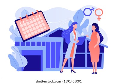 Doctor provides health services to pregnant woman and during labour. Maternity services, maternal perinatal health, pregnancy and birth care concept. Pinkish coral bluevector vector isolated