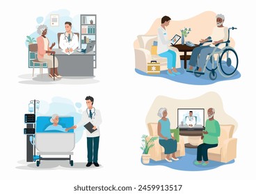 A doctor provides medical care to an elderly patient at home. Call an ambulance to your home. Thank you to the doctors and nurses for saving lives. Set of vector illustration.