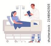 Doctor provides psychological assistance, support to depressed, sad patient lying on bed in hospital ward and taking medication intravenously through drip system. Vector characters illustration.