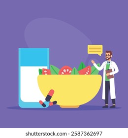 Doctor providing nutrition advice while standing next to bowl of salad and glass of water. Healthy eating habits and importance of balanced meals concept