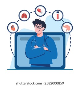 Doctor providing online medical consultation via video chat showing various health icons Perfect for telehealth websites and medical articles