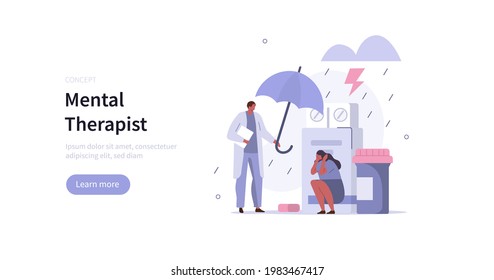 Doctor psychologist helping patient with depression. Character having  therapy against mental diseases. Mental health problem and treatment.  Mental disorder concept. Flat cartoon vector illustration.