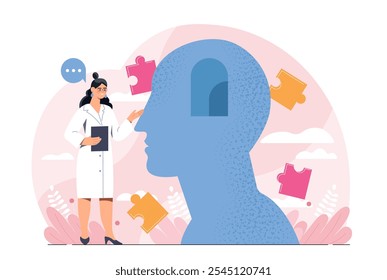 Doctor with psychology concept. Woman in medical uniform with head silhouette. Taking care of mental and psychological health. Flat vector illustration isolated on white background