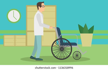 doctor pushing an empty wheelchair. Full length of cheerful doctor standing near wheelchair. Young doctor with wheelchair. Vector flat design illustration