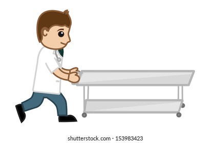 Doctor Pushing Stretcher - Medical Cartoon Vector Character