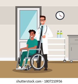 doctor pushing wheelchair with sick or disabled black man. receiving help & care. Flat vector character illustration