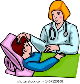 The doctor put her hand on the boy's head in bed.