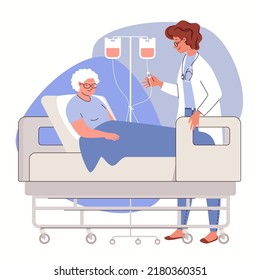 Doctor puts intravenous drip on sick elderly woman lying on hospital bed. Concept of healthcare and medicine. Vector characters flat cartoon illustration.