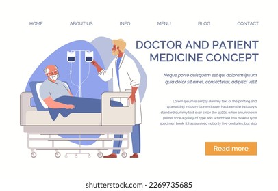 Doctor puts intravenous drip on sick elderly man lying on hospital bed. Concept of healthcare and medicine. Website, template, landing page. Vector characters flat cartoon illustration.