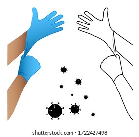 doctor puts latex gloves on his hands. Protecting health from harmful pathogens and substances. Prevention of the spread of disease. Isolated vector