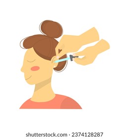 Doctor putting in the drops to the adult patient ear. Otitis disease treatment. Remedy for hearing problens. Medical vector illustration.