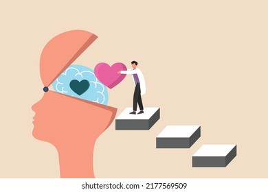 Doctor putting Love into human head to treat mental health. Need a Doctor concept. Flat vector illustration isolated.