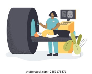 Doctor putting patient in MRI machine vector illustration. Health care workers using medical devices and scanners to diagnose and treat people. Diagnostic imaging, medicine concept