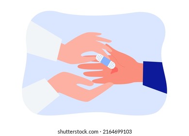 Doctor putting plaster on wound flat vector illustration. Therapist treating patient. Healthcare, medicine, hospital concept for banner, website design or landing web page