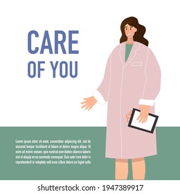 Doctor and quote Care of you. Vector illustration. Medical poster for clinics. Healthcare professionals banner template. Hospital personal, team.