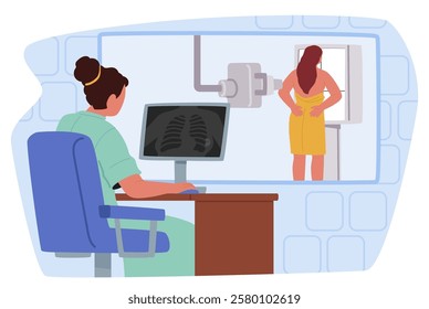 Doctor radiologist doing mammogram x-ray scanning for woman breast cancer detection in medical clinic laboratory vector illustration. Oncology diagnosis, female health care and illness prevention