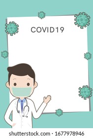 Doctor raise his hand point to a warning blank template background. Corona Covid 19 Virus.