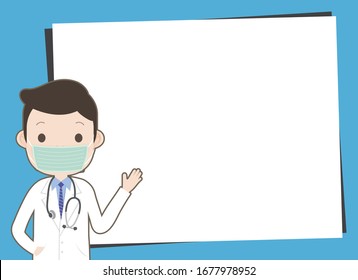 Doctor raise his hand point to a warning blank template background. Corona Covid 19 Virus.