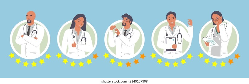 Doctor rating vector. Set of medical service satisfaction review, online survey and patient feedback. Physician star rate score. Medical specialist virtual portfolio and qualification ranking