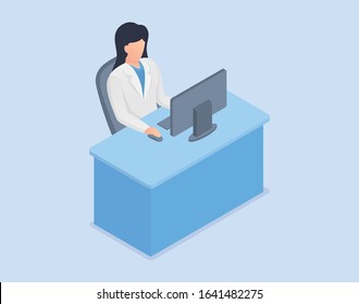 doctor read data analysis on computer screen sit on chair with isometric modern style
