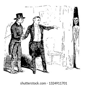 Doctor read the patient and told that skeleton is seen by patient everywhere in the room and patient fell in slump and died, vintage engraved line art illustration. Infernal Dictionary 1863.