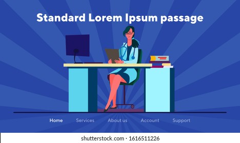 Doctor reading medical report at office. Sitting nurse examining analysis results flat vector illustration. Health checkup, doctor appointment concept for banner, website design or landing web page