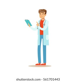 Doctor Reading Patients Medical Hictory On Clipboard, Hospital And Healthcare Illustration