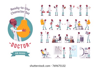 Doctor ready-to-use character set. Black male practitioner on duty in clinic, working in hospital, full length, different views, gestures, emotions, front and rear view. Medicine, healthcare concept