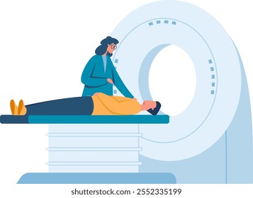 Doctor reassuring patient lying on a gurney, preparing to enter mri machine for a diagnostic scan, highlighting healthcare and medical technology