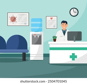 Doctor at the reception desk in the hospital. Vector illustration in flat style.