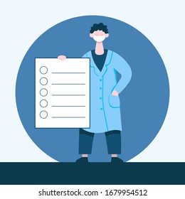 Doctor with a recommendation form. Front view. Color vector cartoon illustration. For coronavirus epidemic quarantine.