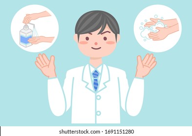 Doctor recommending alcohol disinfection and hand washing.
