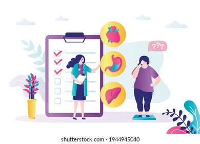 Doctor recommends limiting consumption of sweets to patient. Nutritionist offers girl diet. Various confectionery products prohibited. Concept of treatment and obesity problems. Vector illustration