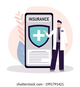Doctor recommends taking out health insurance. App for registration of insurance online on smartphone screen. Healthcare concept. Medical assistance in case of accidents. Flat vector illustration