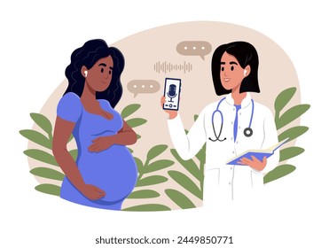 A doctor recommends that a pregnant woman listen to podcasts for pregnant women. Audio therapy, sound healing rituals, positive habits for mental health.