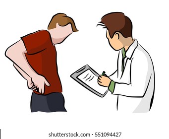 The doctor Recording the backache Condition of a man Patient on a Paper 